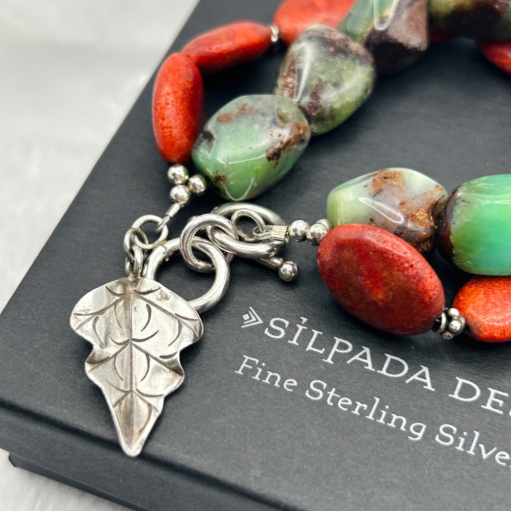 Rare Vintage Silpada Coral Chrysoprase 925 Sterling Silver Toggle Bracelet B1023